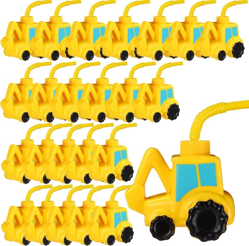 Tanlade Juego de 24 tazas de camión para excavadora con pajitas, decoración de fiesta de cumpleaños de tractor, 10 onzas, taza de plástico con forma