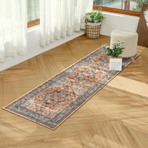 Miniatura 8 de Bsmathom Alfombra de pasillo para pasillos, antideslizante, lavable, estilo bohemio, 2 x 6 pies, alfombra de pelo bajo, alfombra vintage para Rojo