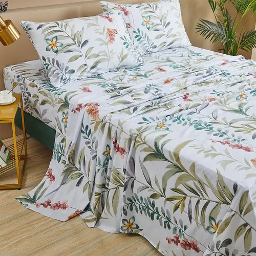 Miniatura 66 de FADFAY Juego de sábanas tamaño King, 100% algodón, elegante ropa de cama de granja con hojas verdes menta y flores blancas, sábana suave