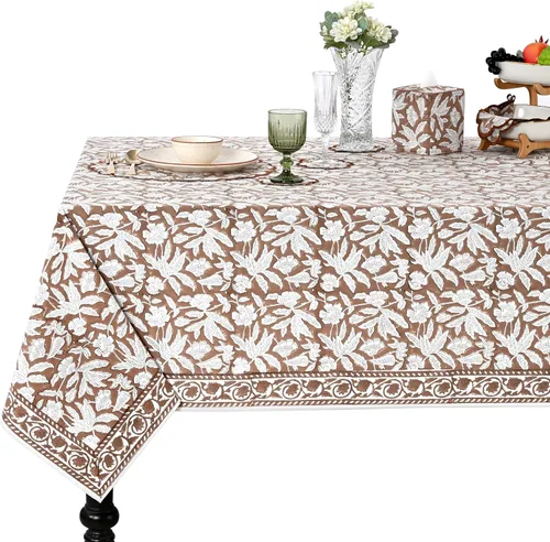 Miniatura 60 de Ridhi - Mantel cuadrado 100% algodón con estampado en bloque, lavable, para Halloween, Acción de Gracias, Navidad, fiestas, bodas, decoración