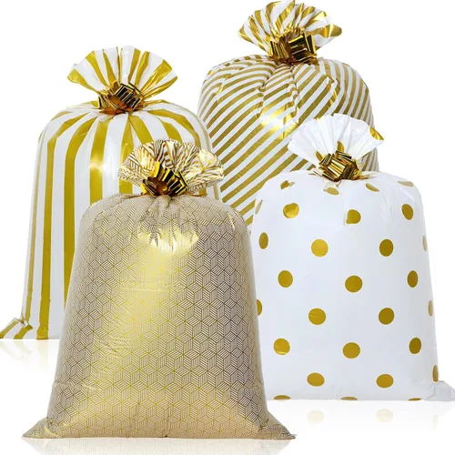 Fulmoon 4 bolsas de regalo jumbo de 48 pulgadas, bolsas doradas extra grandes con flores de tirar, regalo gigante de plástico para regalo de Dorado