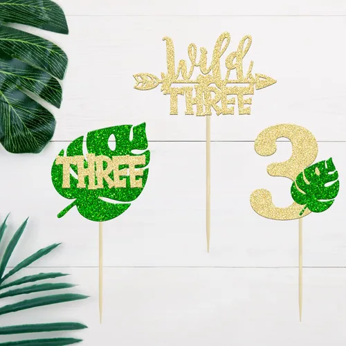 Miniatura 4 de Paquete de 24 adornos para cupcakes de hojas de Monstera con purpurina de safari en la selva, tres púas para cupcakes número 3, decoración de Green-3