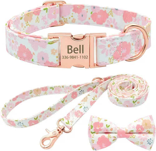 Miniatura 12 de Collar de perro con bonito lazo personalizado con nombre, collar floral personalizado con hebilla dorada grabada para perras pequeñas, medianas