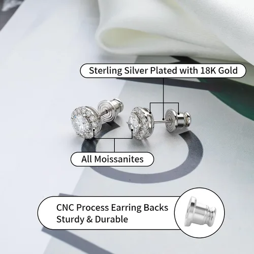 Miniatura 2 de Ladylike Aretes de halo de moissanita de 0.6 a 2.0 quilates, aretes de halo de plata de ley, color D, VVS1, corte redondo, diamante creado