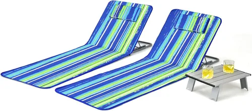 COSTWAY Sillas de playa de 3 piezas, tumbona para exteriores con mesa auxiliar, 5 posiciones reclinables, sillas de bronceado ligeras y portátiles