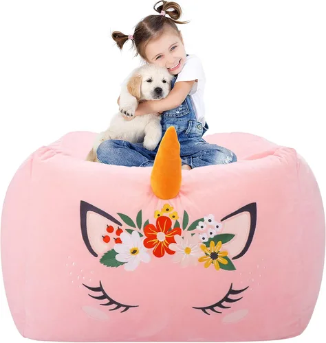 Aubliss - Puf de almacenamiento para animales de peluche en forma de unicornio para niños, funda de terciopelo extra suave, puf extra grande con