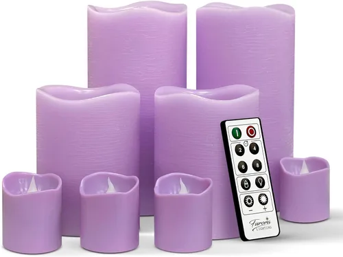 FURORA LIGHTING Velas sin llama de cera real púrpura con control remoto y temporizador, 4 pilares y 4 votivas, paquete de 8, velas LED parpadeantes