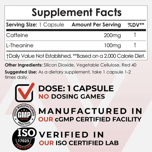 Miniatura 3 de Nootropics Depot Cápsulas de cafeína y L-teanina 60 unidades Contiene 200 mg de cafeína y 100 mg de L-teanina Suplemento natural Potenciador