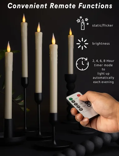 Miniatura 2 de Paquete de 6 velas LED de 10 pulgadas sin llama de cera real de color marfil con control remoto, botón de encendido/apagado, regulable, modo