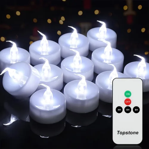 Topstone - Candelita de LED con control remoto, bombilla parpadeante blanca, vela votiva LED de larga duración con temporizador, funciona con pilas,