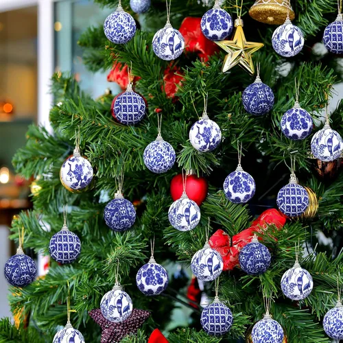 Miniatura 4 de Preboun 48 Piezas Adornos de Bolas Navideñas Chinoiserie Azul y Blanco Decoración de Árbol Chinoiserie Adornos Colgantes para Árbol de Navidad