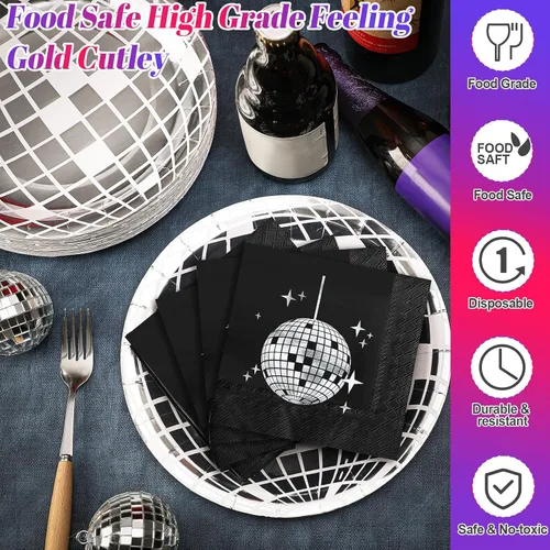Miniatura 3 de Funtery 200 platos de discoteca y servilletas de los años 70 y 80, incluye platos de papel de bola de discoteca y servilletas para 100 invitados