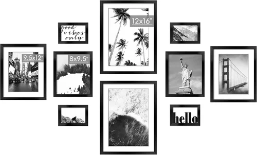 ArtbyHannah Juego de marcos de pared para sala de estar, marcos de fotos negros de varios tamaños con imágenes de impresión de paisajes, decoración
