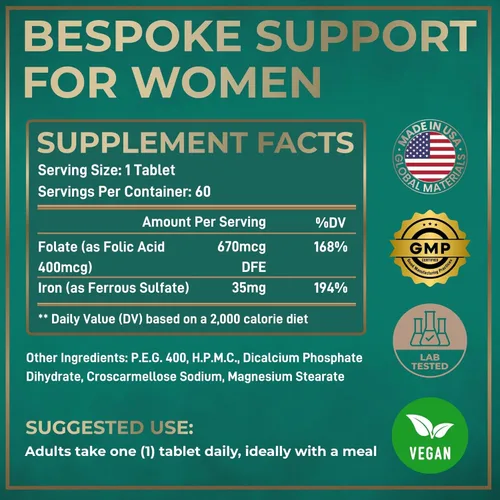 Miniatura 2 de Suplemento de hierro vegano para mujeres con ácido fólico, 35 mg de sulfato ferroso constructor de sangre, ácido fólico 400 mcg, pastillas de hierro
