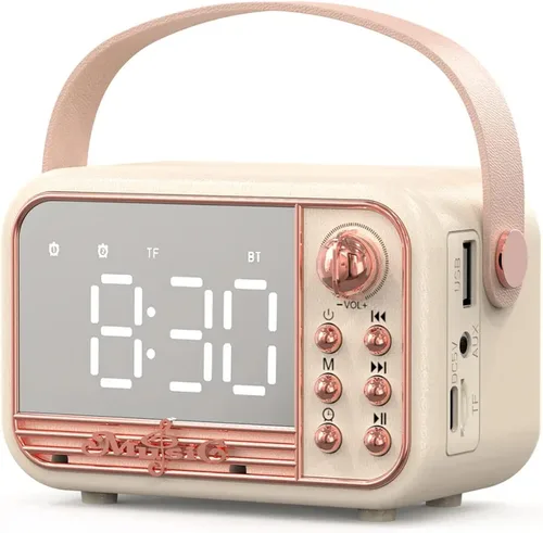 Altavoz Bluetooth retro, altavoces Bluetooth inalámbricos portátiles vintage con reloj despertador, soporte de volumen fuerte, tarjeta TF, disco U,