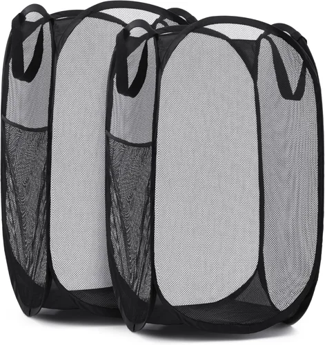 Miniatura 20 de Cesta de malla para ropa sucia, desplegable, amplia apertura, bolsillo lateral, transpirable, resistente, plegable, diseño que ahorra espacio