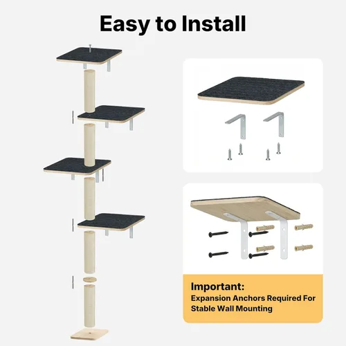 Miniatura 6 de Veehoo Árbol de pared para gatos grandes, escalador de pared para gatos de 66 pulgadas de alto con perchas grandes y alfombra antideslizante