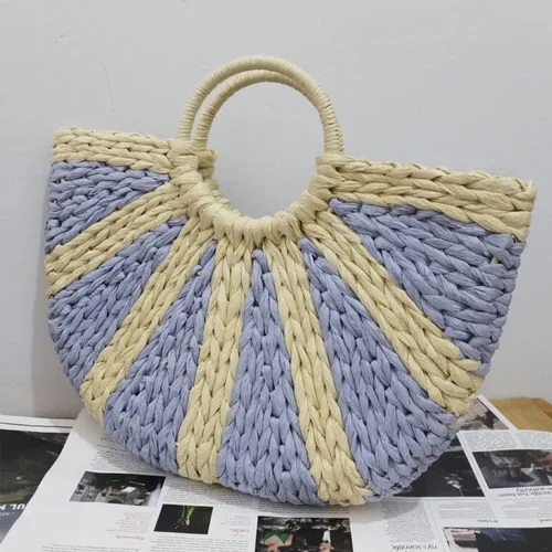 Miniatura 3 de Bolsos de paja de ratán semicírculo, tejido a mano para mujer, bolso de asas retro de paja de verano, bolso cruzado colorido, bolso bohemio