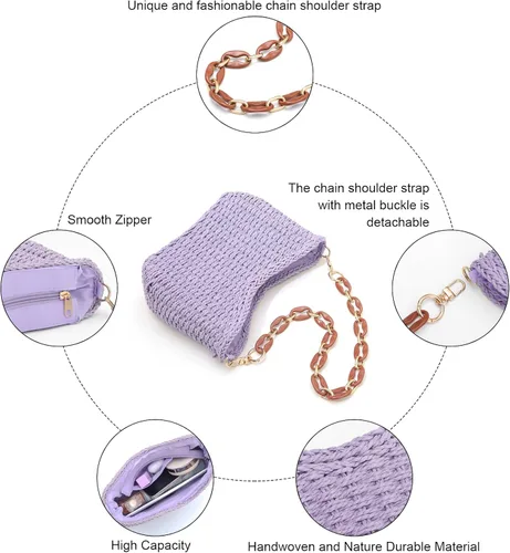 Miniatura 4 de Ovida Bolso de hombro de paja para mujer, bolso de playa tejido de paja para verano, bolso pequeño de mano de paja, bolso de mano para teléfono