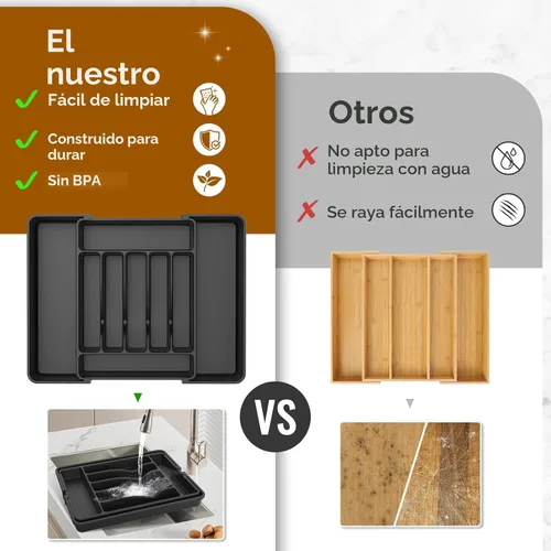 Miniatura 7 de ukeetap Organizador de cubiertos expandible extragrande, sin BPA, apto para alimentos, organizador de cajones de utensilios de cocina, soporte Negro
