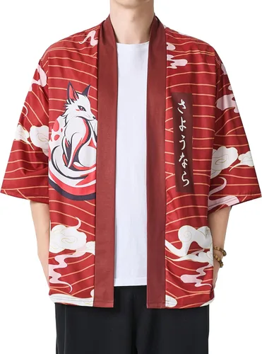 Miniatura 15 de PRIJOUHE Chaqueta Kimono Ligera para Hombre de Manga Tres Cuartos con Frente Abierto Cárdigan Estilo Japonés