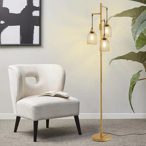 Miniatura 9 de Lámpara de Pie Regulable para Sala de Estar, Lámparas de Pie de Estilo Rústico con Elegante Jaula Colgante, 3 Bombillas LED Edison Incluidas, Luz