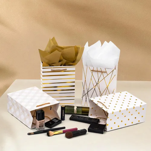 Miniatura 6 de Nihuecne Bolsas de regalo de 9" de tamaño mediano con papel de seda, paquete de 4 bolsas de regalo de papel de envoltura blanco dorado con asas