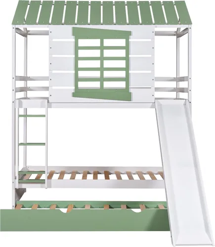 Miniatura 5 de Litera de casa individual sobre cama individual con tobogán convertible y nido, litera de madera maciza con techo y ventana para niños, verde-blanco