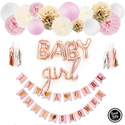 Miniatura 2 de Sweet Baby Co. Juego de decoración para Baby Shower, cartel con texto en inglés "It's a Girl", globos de letras (baby girl), pompones de flores