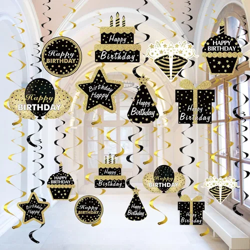 Decoraciones de remolinos colgantes de cumpleaños de color negro y dorado para hombres y mujeres, 16 piezas de suministros de fiesta de feliz