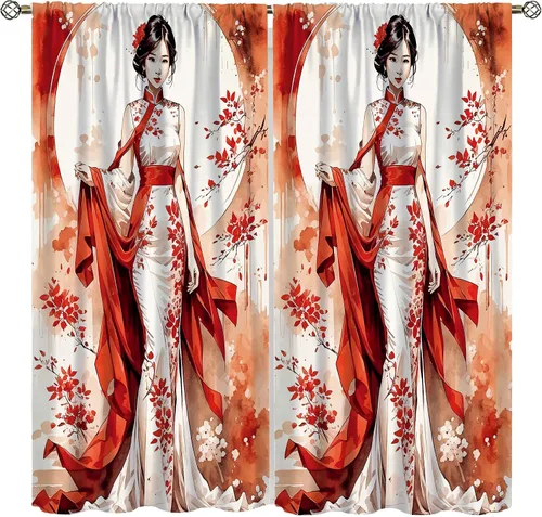 Miniatura 11 de Cortinas de geisha japonesas, flores rosas, ramas de árbol, sexy, glamour, para mujer, encantador, estética, oriental, con bolsillo para barra