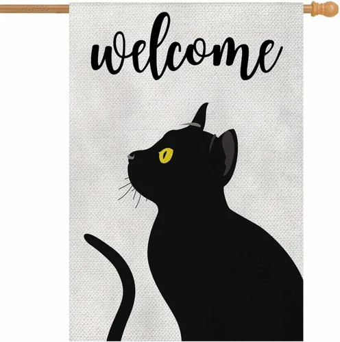 AOYEGO Bandera vertical de bienvenida para casa de gato, arpillera de doble cara, gato negro con ojos amarillos, decoración de temporada al aire