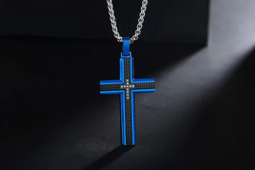 Miniatura 6 de Collar de cruz para hombre, colgante de acero inoxidable 316L, color blanco, dorado, negro, azul, caja de regalo incluida