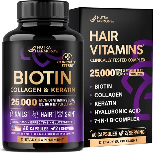 Biotina | Colágeno | Ácido hialurónico | Queratina - Vitaminas para apoyar el crecimiento del cabello y la fuerza - Suplemento para la piel y las