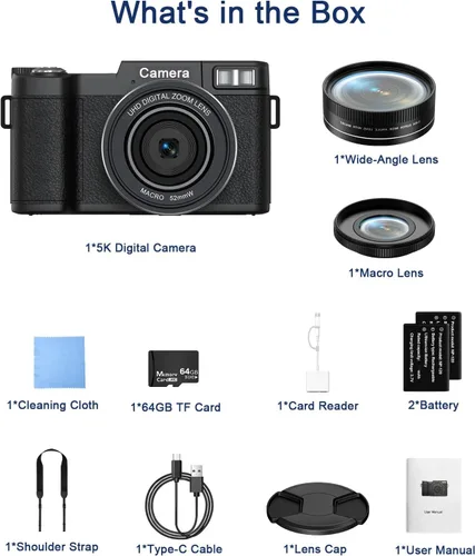 Miniatura 13 de FLATIC Cámara digital con WiFi, cámaras 5K 64MP para fotografía con pantalla giratoria de 180° para YouTube, cámara de videoblogs con enfoque