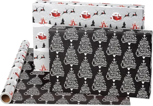 Miniatura 9 de American Greetings Rollo de papel de regalo reversible jumbo para Navidad, papel de regalo navideño rojo y negro