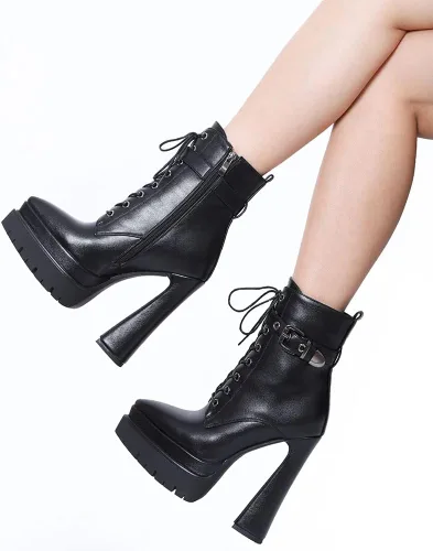 Miniatura 5 de Mattiventon Botas de plataforma para mujer, tacón grueso, punta puntiaguda, botines con cordones al tobillo