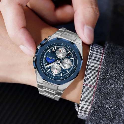 Miniatura 6 de Reloj de cuarzo para hombre de negocios de acero inoxidable impermeable multifuncional cronometraje