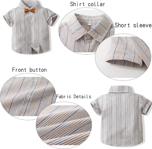 Miniatura 3 de Kimocat Ropa de bebé estilo traje de caballero camisa de manga corta + corbatín + tirantes cortos