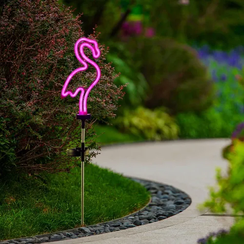 Miniatura 3 de Juego de 2 luces solares de flamenco rosa para jardín, luces solares para caminos para césped, patio, pasarela, iluminación rosa neón