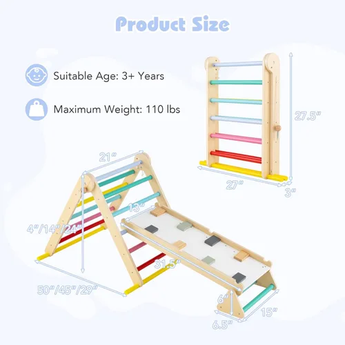 Miniatura 7 de Olakids Pikler - Juego de triángulos 7 en 1, juguetes de escalada para niños pequeños, plegable de madera Montessori, gimnasio de selva con escalera