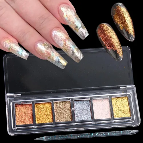 Miniatura 8 de Fcozpjk Juego de purpurina iridiscente para uñas, 6 colores, textura de barro, polvo cromado aurora, purpurina nacarada rosa azul, copos de uñas