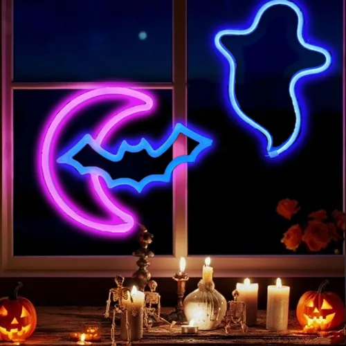 Miniatura 11 de Letreros de neón de murciélago para dormitorio, mesita de noche, decoración de pared, decoración de Halloween, luces LED de noche, adornos de mesa