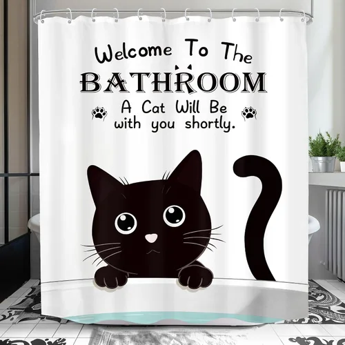 Miniatura 12 de Divertida cortina de ducha de gato negro de 60 pulgadas de ancho x 72 pulgadas de alto para niños, diseño de gatito blanco y negro, lindo animal are