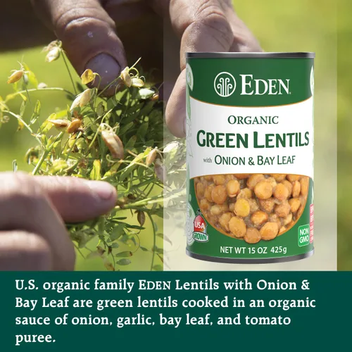 Miniatura 3 de Eden Lentejas verdes orgánicas con cebolla y hoja de laurel, lata de 15 onzas (paquete de 12), sin OMG, veganas, kosher, cultivadas en Estados