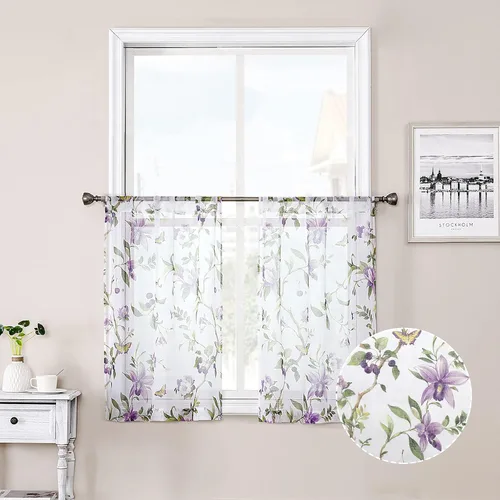 Miniatura 14 de Tollpiz Cortinas cortas y traslúcidas con estampado de mariposas y cerezo gris, media cortina con bolsillo para barra de cocina, cortinas