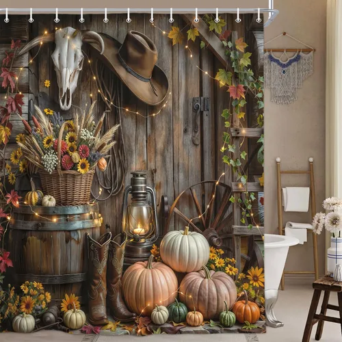 Miniatura 14 de Cortina de ducha a cuadros de búfalo naranja, decoración de otoño, lindos gnomos en camión verde azulado retro, cortina de ducha de calabaza