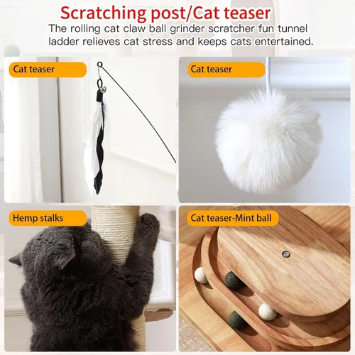 Miniatura 5 de Torre de árbol de madera para gatos con cápsula espacial, nido de cesta tejida a mano, juguete de plumas, bolas colgantes, postes de sisal, escalada
