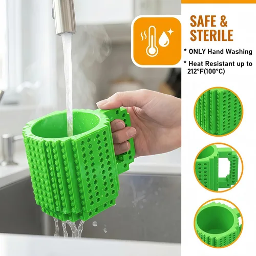 Miniatura 3 de Lumsburry Taza de café de ladrillo integrada, divertida taza de bricolaje con bloques de construcción creativa para niños, hombres y mujeres, Verde