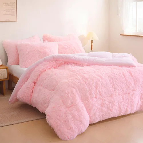 Juego de edredón rosa tamaño Queen, edredón de felpa suave (1 edredón de piel sintética + 2 fundas de almohada peludas), juego de edredón esponjoso